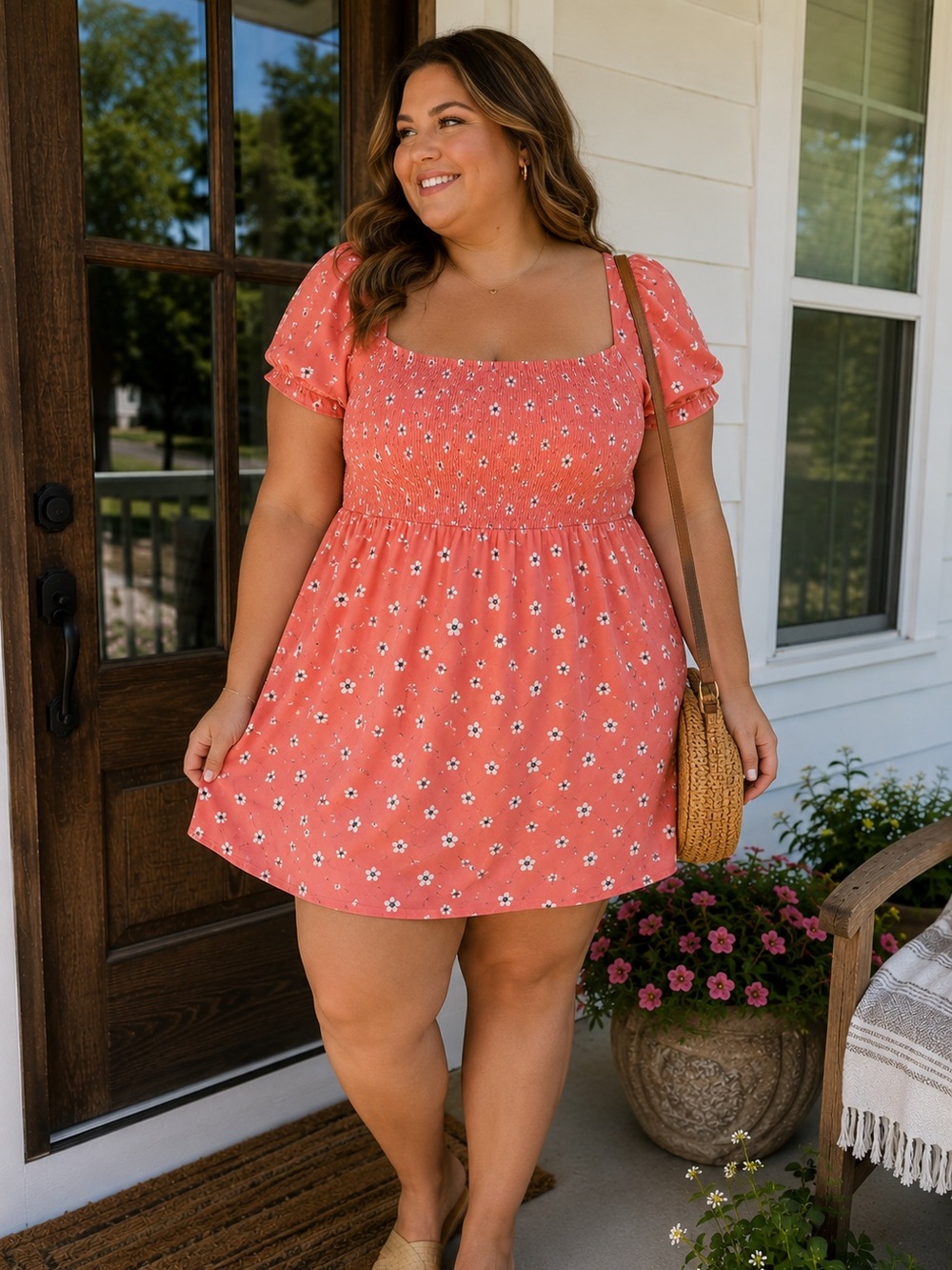 O’Neill XL Coral Floral Puff Sleeve Mini Dress